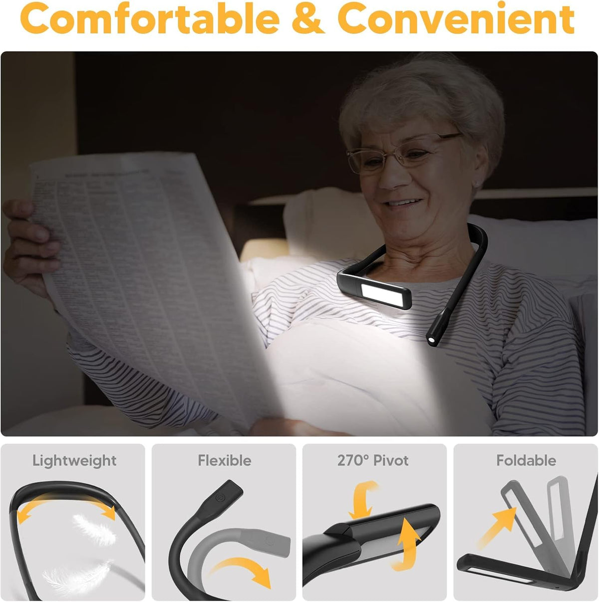 Mroace Rechargeable Neck Reading Light with 3 Colors and Stepless Dimming