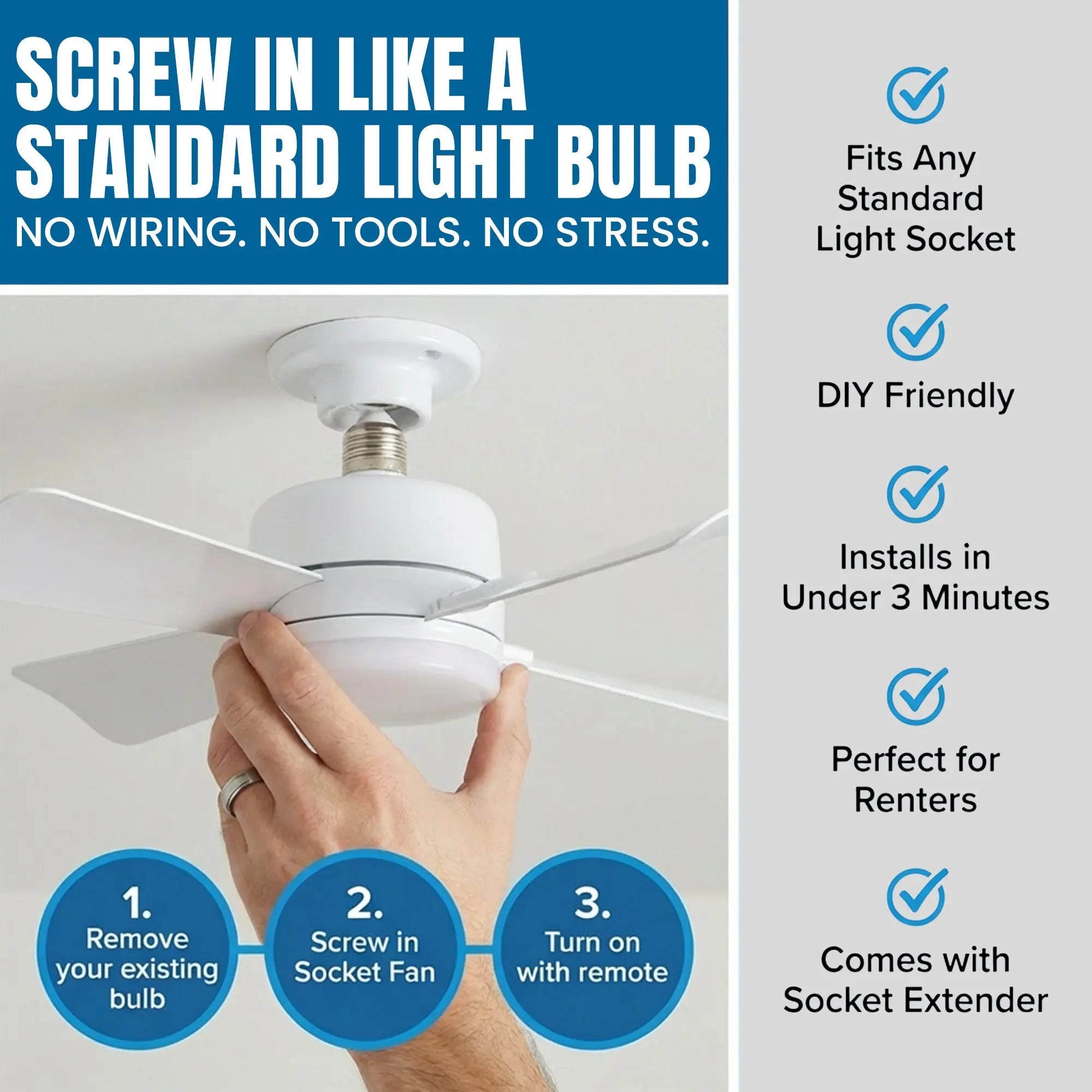 Mroace Remote Controlled Socket Ceiling Fan Light