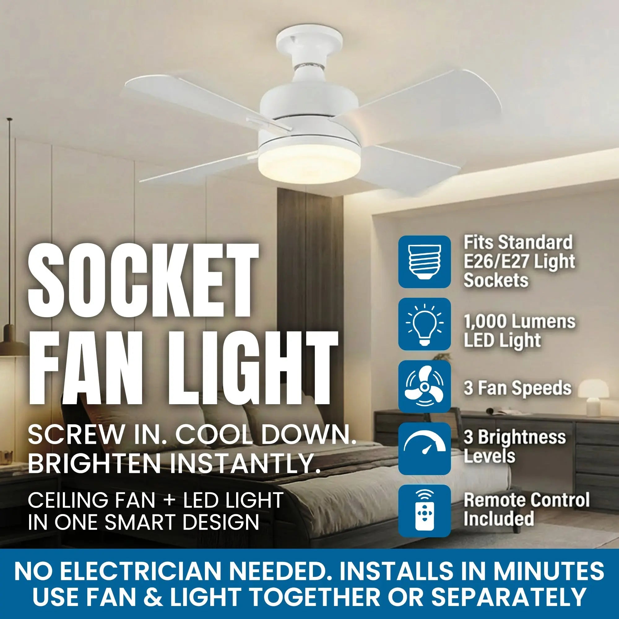 Mroace Remote Controlled Socket Ceiling Fan Light