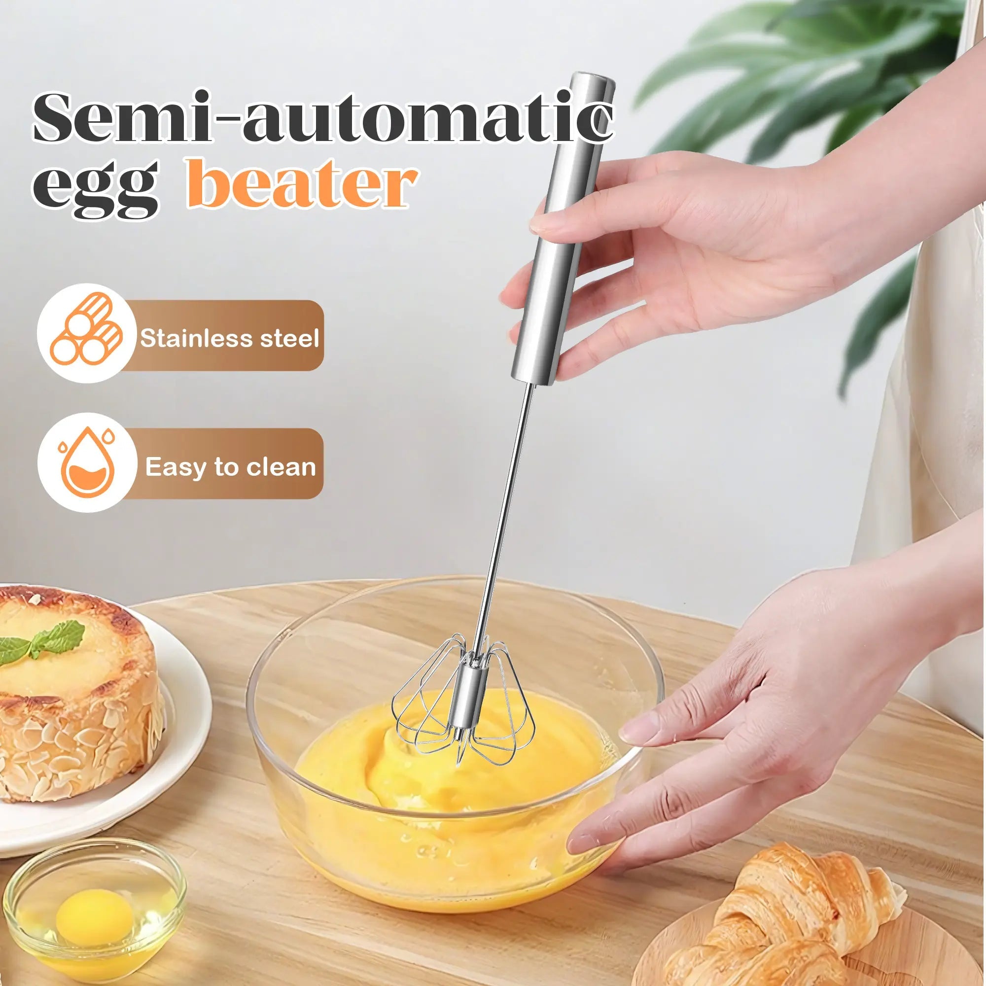 Mroace Stainless Steel Hand-Push Rotary Whisk Food