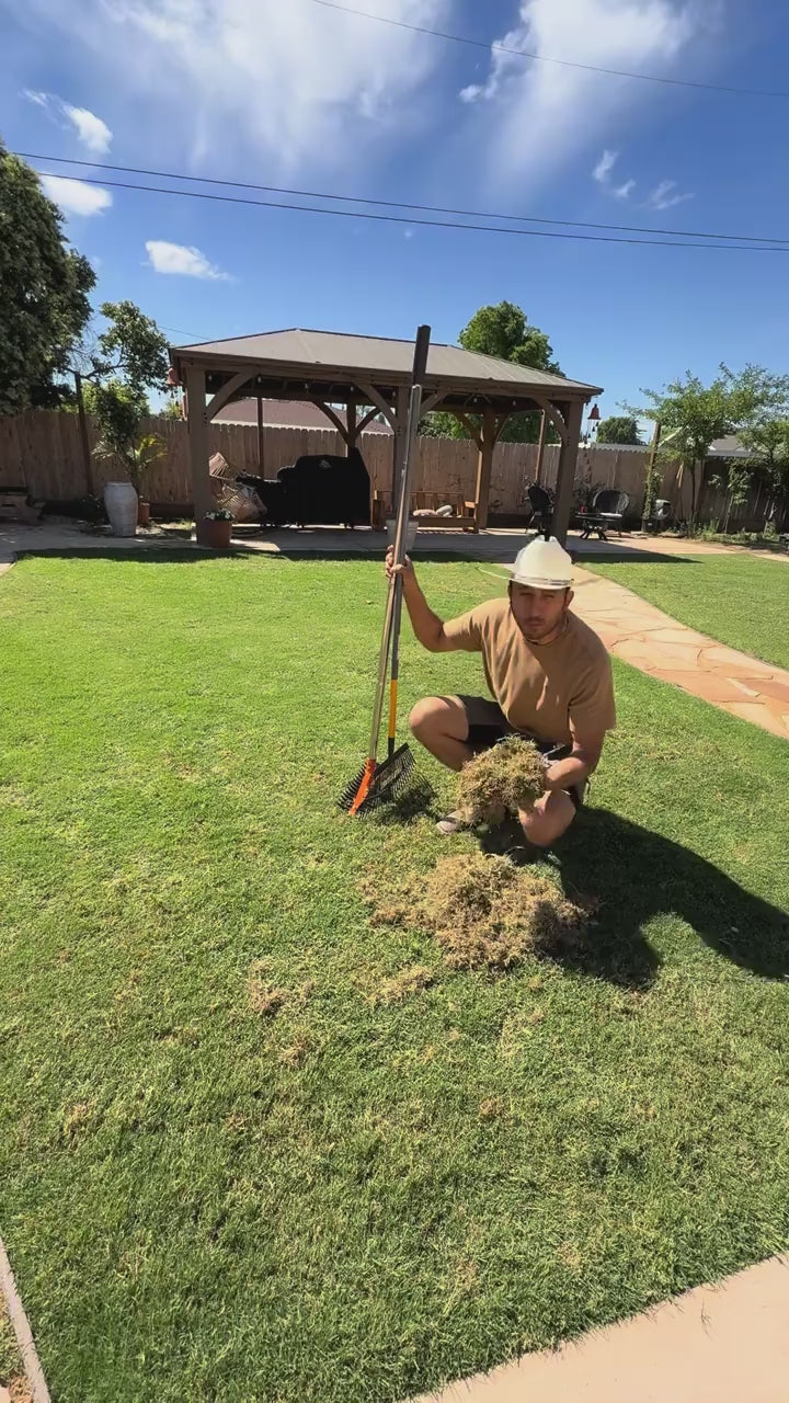 Load video: Mroace 67-Inch Thatch Rake for Lawns