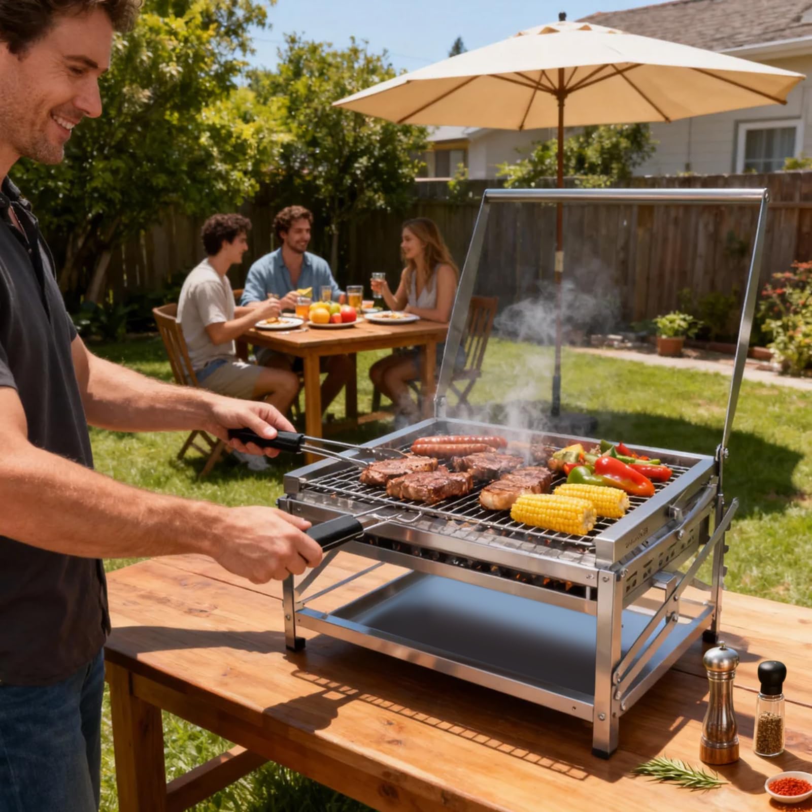Mroace Portable Multi-Function Adjustable Charcoal Grill for Outdoor BBQ