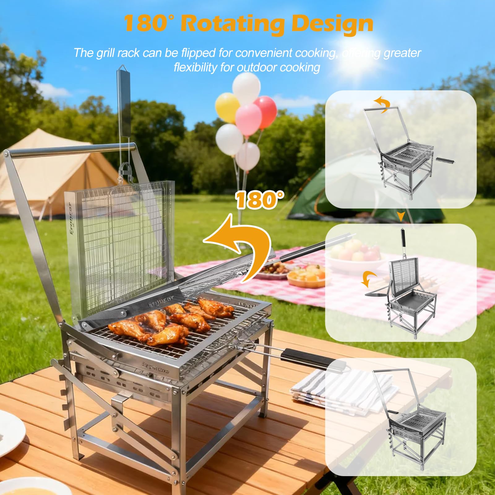 Mroace Portable Multi-Function Adjustable Charcoal Grill for Outdoor BBQ