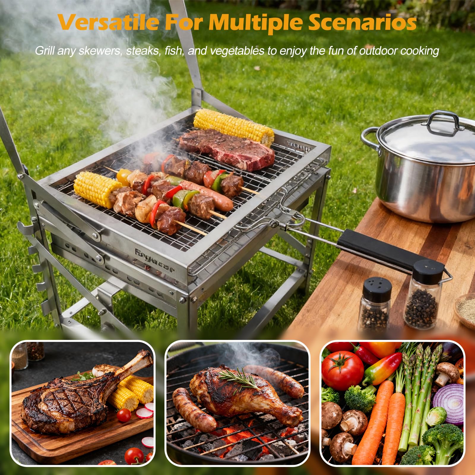 Mroace Portable Multi-Function Adjustable Charcoal Grill for Outdoor BBQ